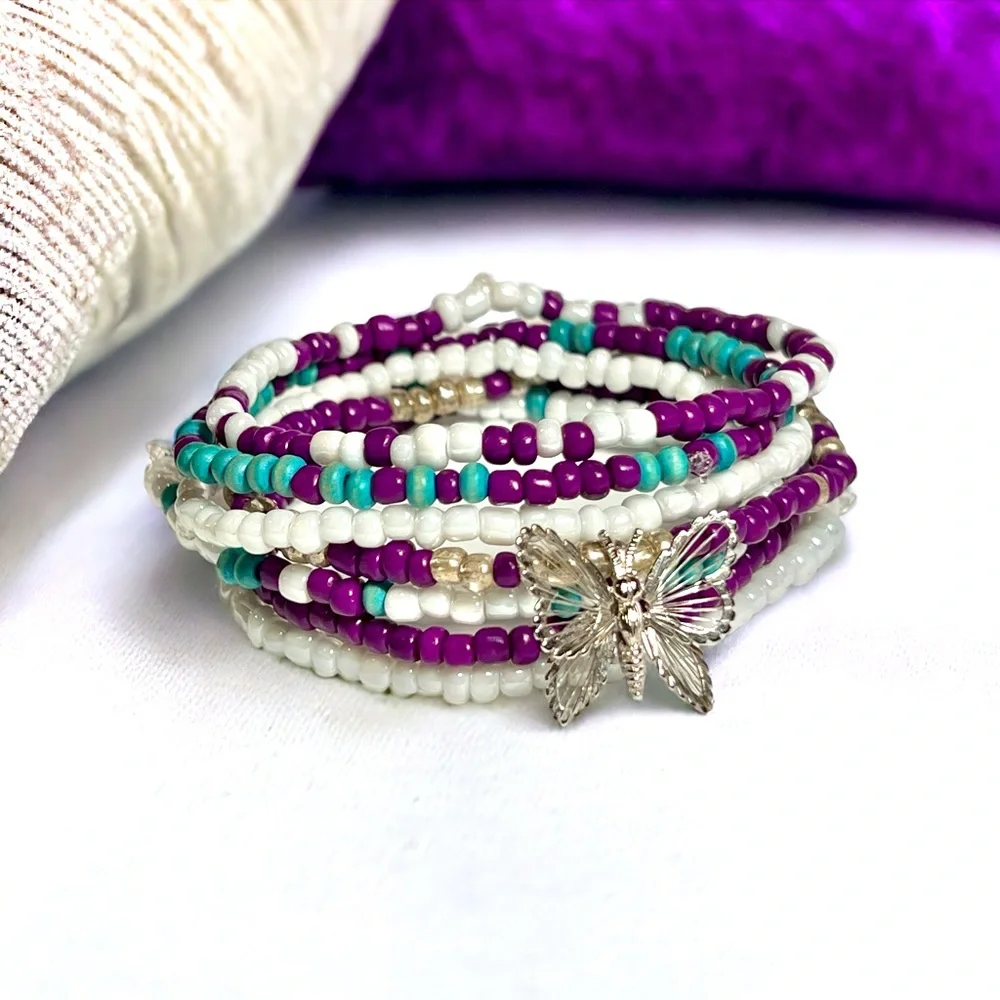 Beaded bracelets butterfly purple blue white silver handmade stretchy